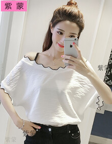 时尚女生衣服夏天学生韩版初中生女装夏季姐妹装一字领漏肩t恤上衣k