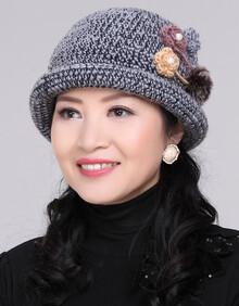 秋冬中老年女士盆帽手工编织毛线帽老人帽子兔毛花朵妈妈帽围巾 灰