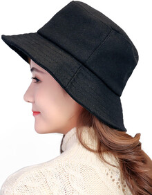 向野帽子秋冬男女纯色毛呢盆帽羊毛混纺渔夫帽可折叠礼帽 黑色