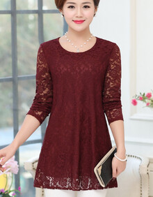 古莱登中年女大码蕾丝连衣裙薄款夏加肥加大5XL上衣中老年宽松小衫洋气妈妈春装新款打底衫时尚中长款t恤 (长袖)酒红色 3XL【建议125-140斤】