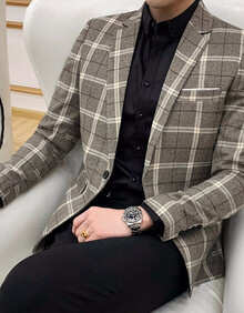 鳄鱼恤 西服男2019新款大码格子商务休闲小西装男修身韩版西服外套单西男英伦便西发型师伴郎服 1899卡其色 L