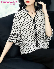 卡嫦雪纺衫女短袖2019夏白色印花宽松大码中袖上衣气质时尚 黑白色 L