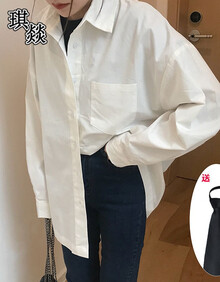 （包邮免邮）中长款衬衫女慵懒风2019春季新款韩版宽松百搭学生学院风白色衬衣 白色中长款【带黑色领带】 均码【建议75-145斤】