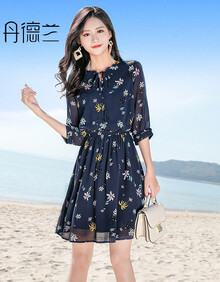 丹德兰潮牌很仙的雪纺连衣裙春秋2019新款春装女装碎花流行裙子夏季 深蓝 XL