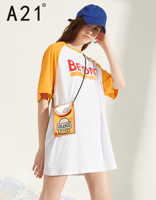 以纯线上品牌A21夏季2019撞色中袖T恤女潮 宽松女装短袖衫圆领学生上衣薄R492231089 桔黄 155/80A/S