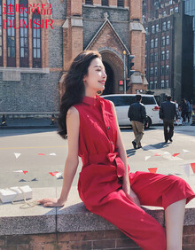 迪咪尚品连体裤女2019新款夏韩版高腰宽松休闲裤显瘦学生七分阔腿裤无袖连衣裤子女 红色 S