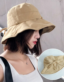 大s同款渔夫帽网红ins女日系百搭帽子夏潮宽檐遮阳帽遮 蝴蝶结-卡其色