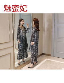 魅蜜妃民族风大码女装春夏新款复古宽松显瘦绸缎印花连衣裙棉麻两件套