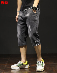 舞新七分牛仔裤男2019夏装新款大码破洞牛仔短裤男日系潮流个性乞丐休闲7分牛仔马裤中裤 Y830黑色 31