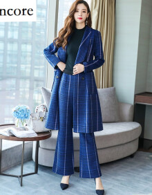 女2018秋冬新款韩版格子西装显瘦呢子大衣阔腿裤两件套装 蓝色套装