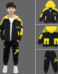 童装男童套装儿童运动两件套印花连帽卫衣2019春秋新款中大童小学生休闲外套小男孩子衣服休闲裤子套装 黄色 150 建议身高140左右
