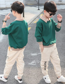 童装男儿童衣服秋季套装2019新款小学生男孩外套衣服长裤子中大童韩版帅气休闲运动两件套 绿衣米色裤子 140码(建议身高130-140cm左右)