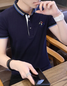 范华尼 短袖t恤男2019夏季潮流翻领POLO衫夏天男装纯棉有领半袖打底衫带领夏天衣服 深蓝色 XL