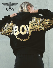 【商场同款】BOYLONDON新品烫金LOGO情侣同款卫衣手臂大翅膀印花卫衣B193NB148202 黑色 XL
