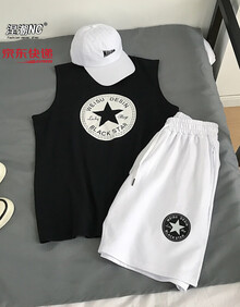 涅潮 套装男夏季新品韩版潮流T恤背心男宽松运动卫裤港风休闲短裤男无袖坎肩背心薄款两件套 B012黑色+D105白色 L