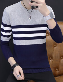 BE&GE长袖T恤男2019圆领韩版修身条纹加绒打底衫衣服男装 宝蓝色 XL