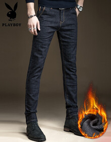 花花公子（PLAYBOY）2018冬季加绒牛仔裤男修身薄款弹力小脚裤韩版男士休闲长裤子潮 黑色757加绒 30