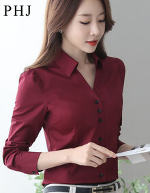 PHJ 2019春季新品加绒衬衫女长袖保暖加厚韩版V领职业免烫百搭衬衣 QW688 酒红(常规款) XL