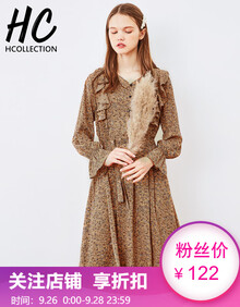HCollection2019女装秋装新品欧美碎花系腰V领遮肚子时尚气质收腰连衣裙女HU91039劦 花色 L