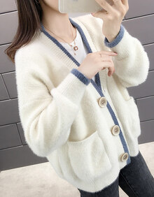 悠曼娅 2019年新款针织衫女外套女装秋装潮网红宽松大码弹力毛衣开衫慵懒风春秋潮上衣 白色 S/160（建议100斤左右）