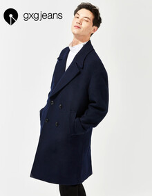 gxgjeans男装冬季藏青中长款休闲商务羊毛大衣韩版修身毛呢外套男 藏青色 170/M