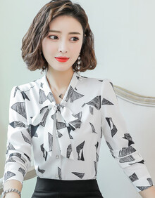 衬衫女长袖2019秋季新款韩版宽松洋气复古港味印花雪纺衬衣蝴蝶结印花衬衫中年妈妈装上衣 白色 L