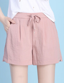 昱樱棉麻短裤女2019夏季新品透气热裤女胖mm高腰百搭显瘦大码女装宽松裤子学生运动休闲裤女薄款阔腿裤 粉色 M[【建议95-105斤】