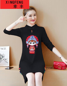 幸丰旗袍女2019秋冬新款大码女装日常时尚少女款复古改良汉服中长款中国风唐装敬酒服刺绣连衣裙1804 黑色9112 L