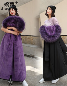 嬌萍 棉服女2019冬季新款女装韩版连帽宽松棉袄加厚大毛领过膝保暖时尚收腰显瘦棉衣女中长款外套 紫色 L