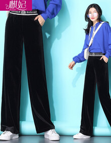 麒妃休闲裤女2019秋冬新款高腰显瘦垂坠感金丝绒阔腿裤休闲运动直筒拖地长裤 9918黑色 L