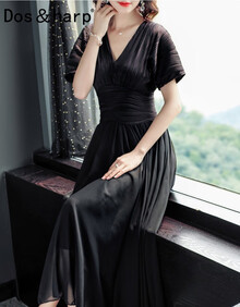 dosharp品牌白色礼服长裙子气质v领短袖2019夏季新款收腰显瘦仙女雪纺