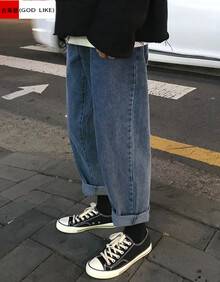 牛仔裤男港风复古宽松直筒裤韩版chic潮流休闲阔腿裤九分裤子男生老爹裤 蓝色 L【130-140斤】
