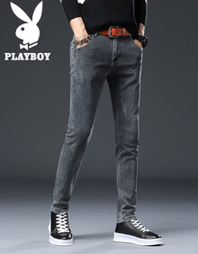 花花公子(PLAYBOY)牛仔裤男2019新款韩版加绒休闲修身裤弹力裤子男 1073HH8913深灰色(不加绒) 30