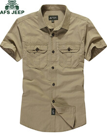 战地吉普afs jeep男装半袖上衣 纯棉短袖衬衫 男