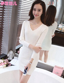 春季白色V领薄款打底衫针织长袖连衣裙2019新品女装春款衬衫裙子t恤套装春装新款女衣服长裙雪纺夏季 白色连衣裙 均码