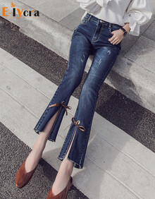 Elycra 微喇牛仔裤女2019春夏新款高腰裤脚绑带韩版显瘦开叉九分裤 牛仔蓝 26