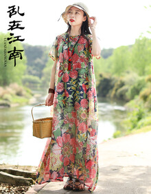 乱在江南短袖宽松印花旗袍连衣裙2019夏季新款复古盘扣民族风优雅女装 花色 L