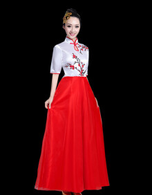 大合唱演出服女长裙新款中国风学生合唱团诗歌朗诵服装 红色 s