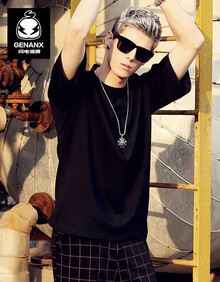 GENANX闪电潮牌 设计师潮牌夏季男士圆领纯色t恤男百搭宽松打底短袖T恤男潮 黑色 XL