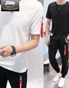 短袖t恤夏季套装男纯色七分袖条纹圆领棉麻半袖男 白衣黑裤qt712-tz05