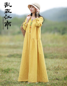 乱在江南文艺范棉麻长裙2019秋季新品连衣裙长袖贴布民族风女装 黄色 L