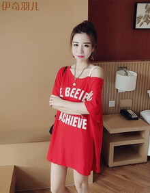 连衣裙女2019女装夏季新品裙子吊带裙一字领露肩T恤裙中长款短袖旗袍碎花印花衬衫裙蕾丝大码韩版背带裙 红色T恤 XL