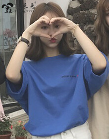 风采兔 短袖t恤女学生宽松韩版ulzzang百搭同款半袖ins超火的潮人上衣服 蓝色 L