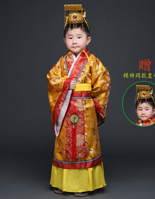 儿童古装男唐朝太子汉朝皇帝表演服装龙袍汉服秦始皇演出服 红色 175