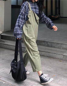 包邮秋季新款韩版工装连体裤背带裤女宽松显瘦学生休闲裤长裤ymg 绿色 均码