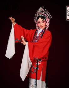 儿童花旦戏剧京剧黄梅戏服装戏曲青衣小姐衣服 古典舞女披水袖c 红色