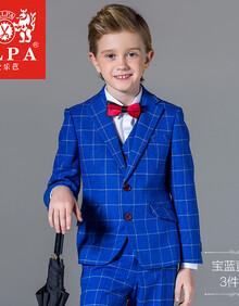 elpa儿童西服礼服套装男童西装外套中大童英伦礼服男孩花童格子套装男童礼服套装钢琴演出服春夏秋韩版 中蓝橘格7件套：5件套+口袋巾+胸花 145码 身...