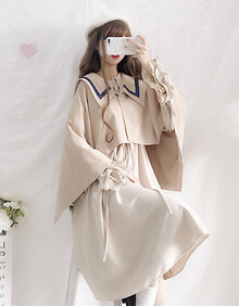 两件套秋冬女装日系甜美复古宽松显瘦连衣裙女+斗篷披肩外套套装 杏色连衣裙单件 均码