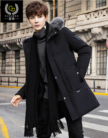 古光羽绒服男2019中长款加厚修身休闲青年连帽大毛领外套 黑色 XL