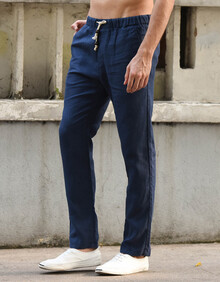 汉絮 休闲裤男 纯亚麻薄修身直筒棉麻料长裤松紧头裤子 宝蓝色 36(2.82尺腰围)